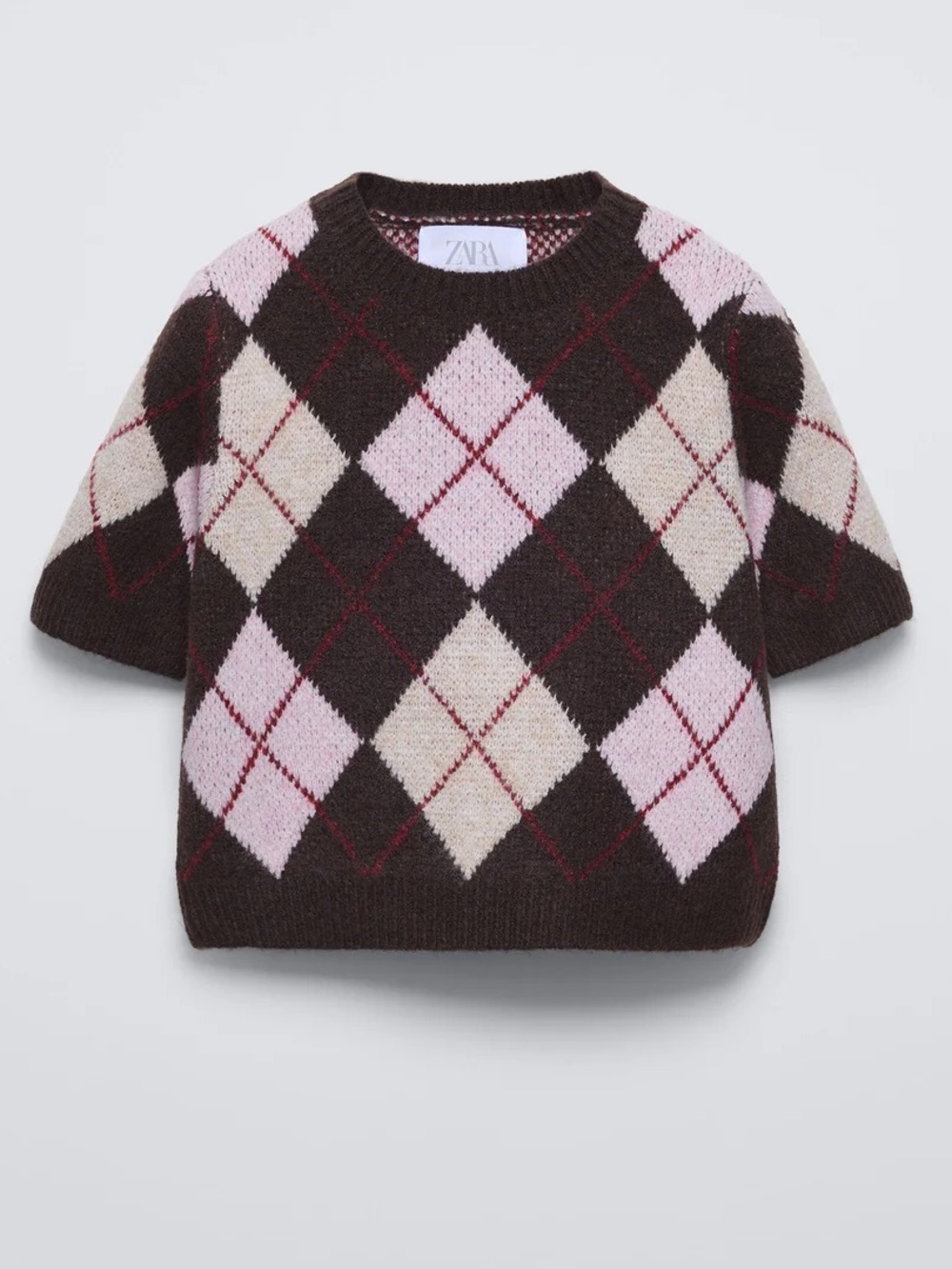 Zara Girla Short-Sleeve Argyle Sweater with Pink & Cream Diamonds